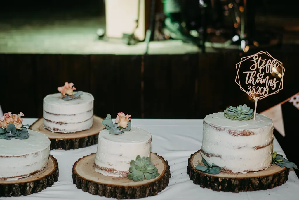 Drei Naked Cakes auf Baumscheiben mit Sukkulenten und Holz-Topper